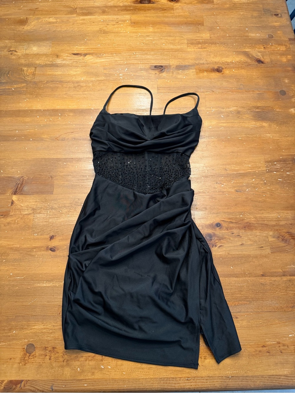 B Darling Windsor Black Beaded Waist Spaghetti Strap Homecoming Dress